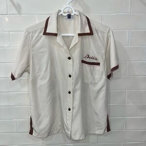 Vintage Embroidery Women's 60's Bowling Shirt Japan Pizza House Okinawa Debbie